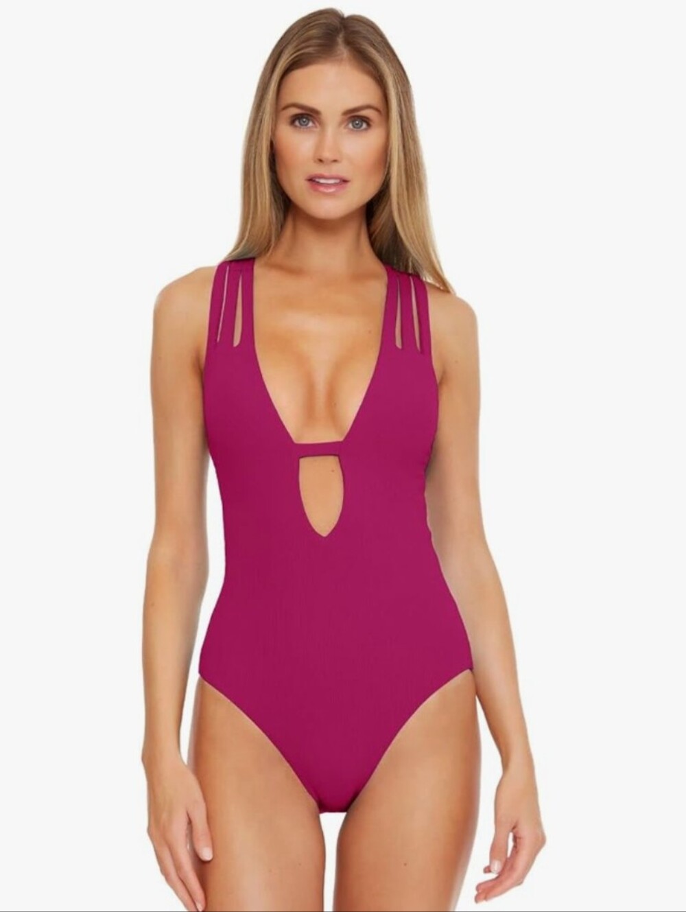Becca by Rebecca Virtue Fine Line Rib Skylar Plunge One-Piece Pomegranate Sz.M
